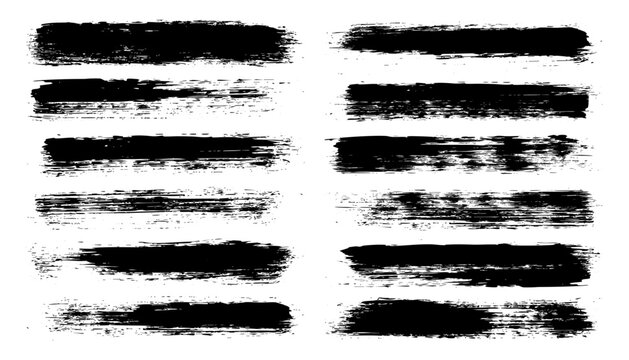 Long grunge brush strokes, lines, ink smudges, hand-drawn scribble shapes. Handmade sketchy marks, stains, charcoal streaks. Paint textures, dry brush effect. Marker underline. Vector illustration