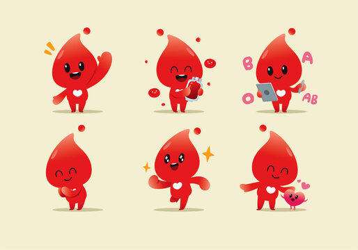 Cute blood drop mascot character set in different poses, blood donation concept, medical and healthcare vector illustration.