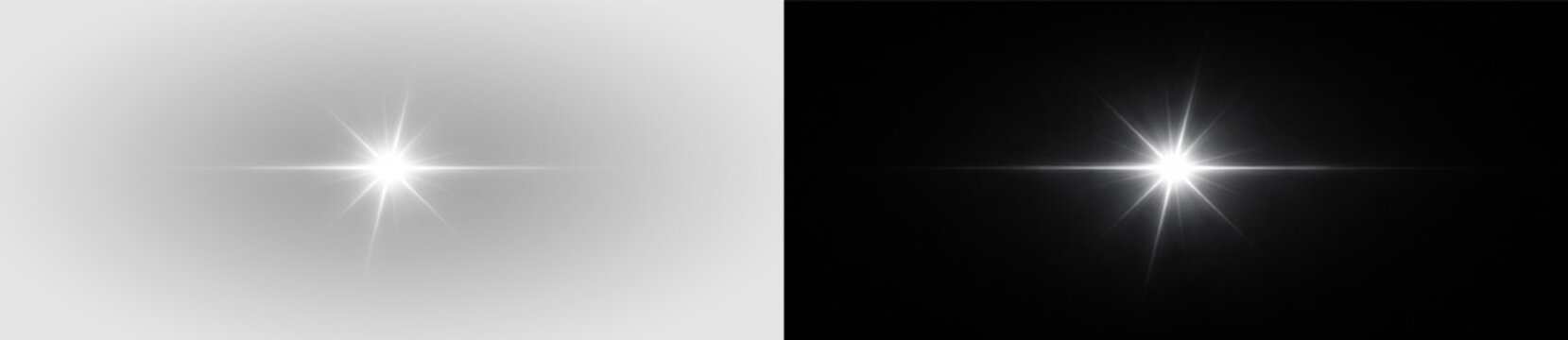 Abstract glowing lens flare light burst, radiant star sparkle shine effect, optical glow illustration on transparent background