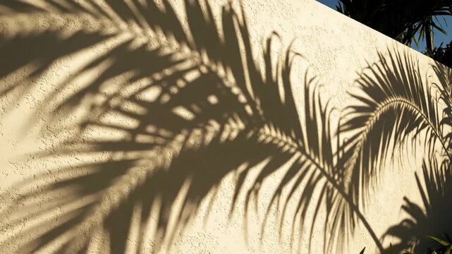 Video of dynamic palm frond silhouettes dancing over bright textured wall, exotic summer ambiance, natural light pattern concept for branding visuals, sharp tropical shadows shifting fluidly as if
