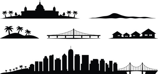 Naklejka premium Doha city skyline silhouette vector set featuring modern skyscrapers and architectural elements