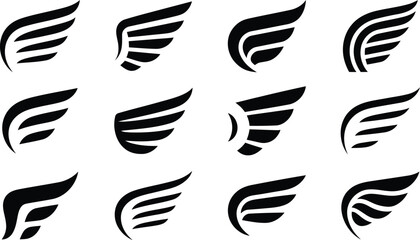Collection of twelve distinct black stylized wing icons arranged in a grid for graphic design elements © MDmamun