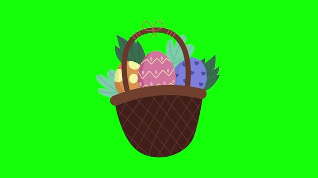 Easter egg in a wooden basket animation concept with colorful drawing vector icon symbol. Animated illustration design. Editable item motion graphic video template with green screen background