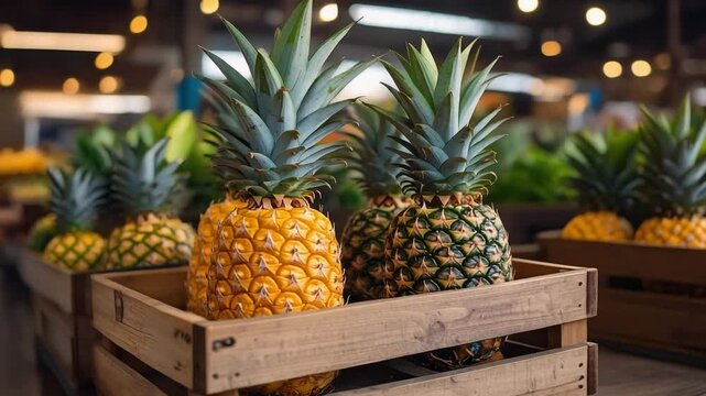 Fresh ripe pineapples displayed in wooden crates at a market stall with warm lights creating a vibrant tropical fruit showcase.