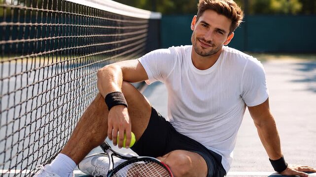 Smiling tennis player resting beside the court net holding a racket and ball after a match on a sunny day.