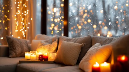 Fototapeta premium Cozy Winter Room Decorated for Christmas During a Snowstorm with Candles