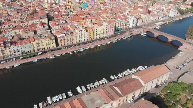 Aerial Pan from Temo River to Serravalle Castle, Bosa, Sardinia