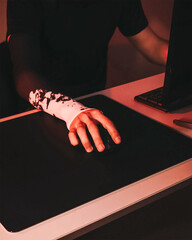 Close up of a gamer hand wearing a compression sleeve using a computer mouse on a large pad in red neon light © Eduard Ralko