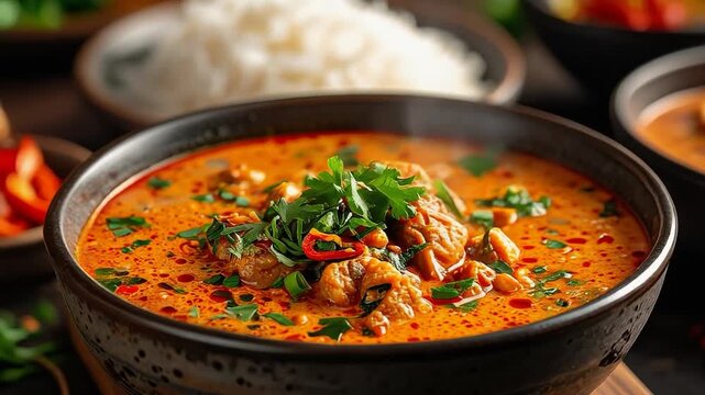 Spicy chicken curry served in a rustic bowl with fresh herbs, showcasing rich flavors and authentic Asian cuisine presentation.