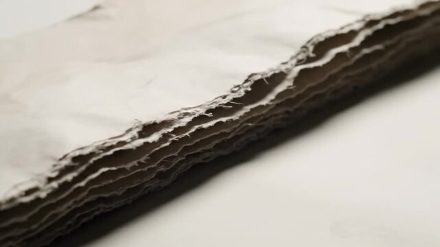 Video of elongated ripped paper strip with rough deckled edges on clean surface, abstract banner background for marketing templates and creative presentations with high-resolution paper fibers,