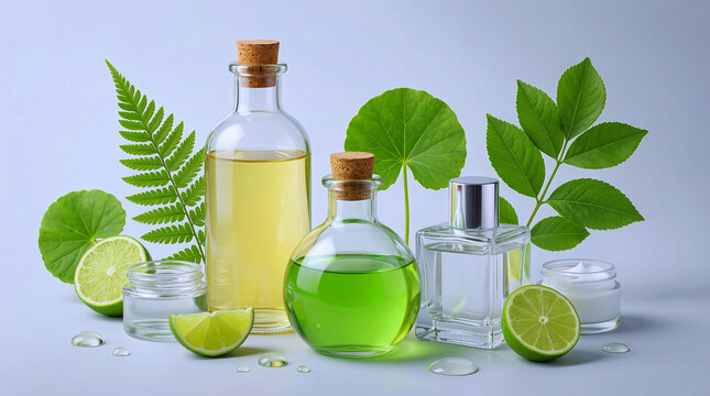 A collection of glass bottles with green and yellow liquids surrounded by lime wedges and leaves on a light gray surface