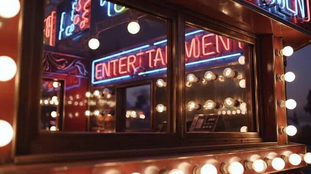 Video of ticket booth glow with bright sign flicker and evening vibe, retro cinema and carnival entrance concept for entertainment branding.