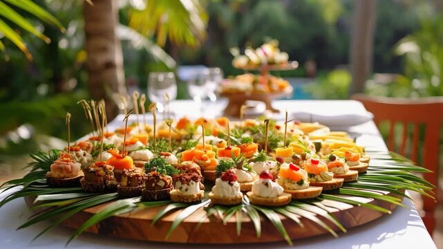 A tropical buffet presentation with assorted gourmet appetizers arranged on banana leaves, showcasing fresh flavors, elegant catering, and vibrant outdoor dining atmosphere.