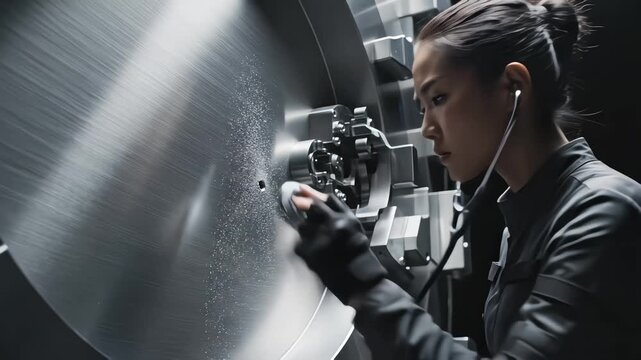 Focused female safe cracker drilling into a massive metal vault door and using a stethoscope to listen to the lock mechanism during a heist