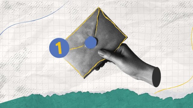 Collage Hand holding msg box with Trendy Halftone one notification. Online communication. Social media marketing. New message or letter in emaiL.