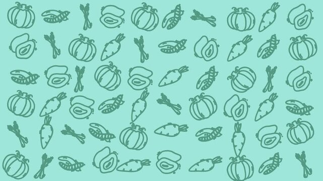 seamless doodle pattern of pumpkins corn peas carrot squash gourds on teal background ideal for autumn harvest themed stock backgrounds video clips