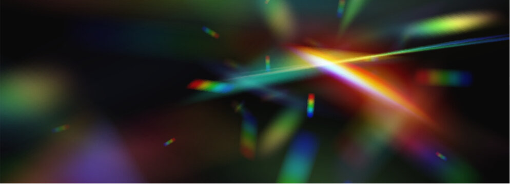 Rainbow light flare with iridescent crystal effect, prismatic colors and glowing aurora gradient, abstract vector background. Dark banner, modern design overlay. Bright border, holographic spectrum