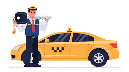Taxi Service Ready to Go: An illustrated taxi driver, poised beside a vibrant yellow cab, holds keys, ready to provide efficient transportation and ensure a smooth journey. © Abu