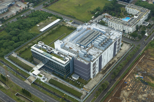 Aerial view of datacenter infrastructure providing internet connectivity and data storage services, Jakarta, Indonesia.