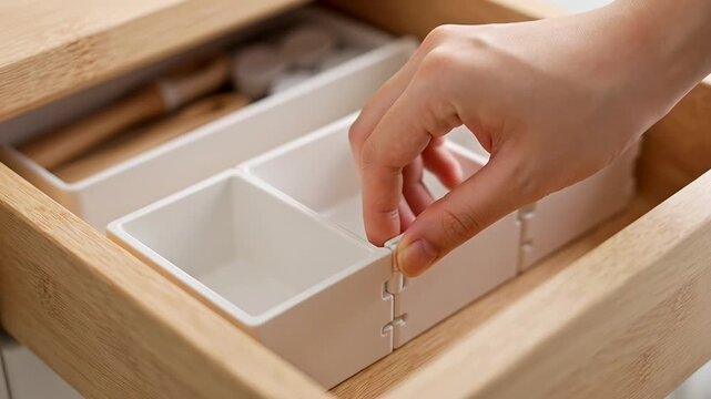 ?Organizing drawer with hand arranging compartments in wooden organizer