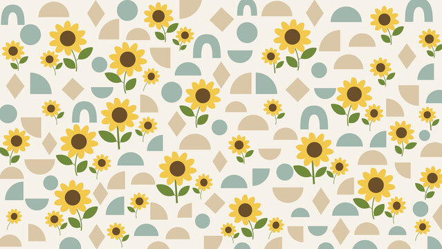 北欧風ひまわりと幾何学模様のナチュラルパターン背景（ミント&times;クリーム）：やさしい生成り色の背景に、ひまわりと北欧テキスタイル風の幾何学モチーフをバランスよく配置した、明るくナチュラルなデザイン。包装紙、紙袋、北欧雑貨、キッチンクロス、カフェ雑貨、ノート表紙、テキスタイル、商品パッケージ、インテリアポスターなど幅広い用途に使える背景素材。