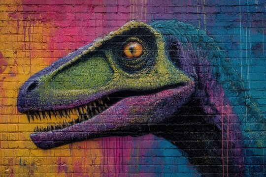 Abelisaurid Dinosaur in Graffiti Street Art Mural Vibrant Spray Paint Urban Culture Digital Art Design