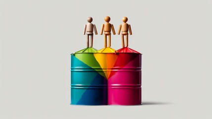 stock market metaphor, profit, share, enterprise, partnership, Representation, Abstract Commodity Economy Concept Illustration with Mannequins on Grain Silos Pie Chart Watercolor Artwork