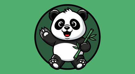 Fototapeta premium Cute cartoon panda holding bamboo shoots.