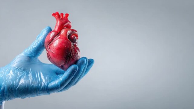 Anatomical Heart in Hand: A gloved hand delicately holds a lifelike, anatomical heart model, highlighting the intricate structure and symbol of life. 