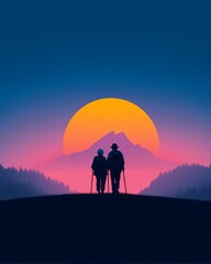 Fototapeta premium travel after retirement, Embracing Life Together: Elderly Couple Hiking Toward Sunrise Horizon in Inspiring Illustration