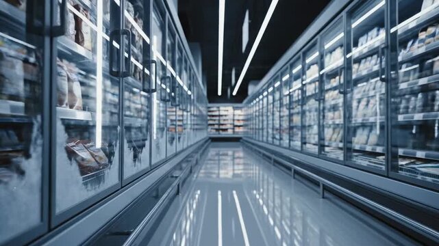 Video of Retail Frozen Section featuring glowing freezer cases and reflective glass panels in modern grocery environment, perfect for consumer behavior concepts and shopping experience content.