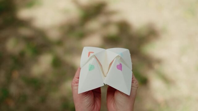 a young woman playing with a paper fortune teller aka chatterbox in lush garden