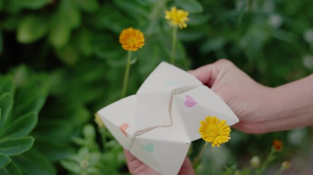 a young woman playing with a paper fortune teller aka chatterbox in lush garden