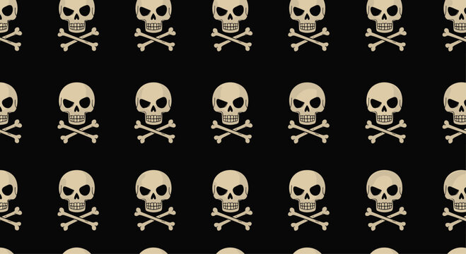 Dark seamless pattern featuring repeated beige skull and crossbones icons on a solid black background.