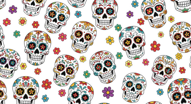 Colorful and detailed seamless pattern features traditional Mexican sugar skulls or calaveras surrounded by vibrant flowers on a white background.
