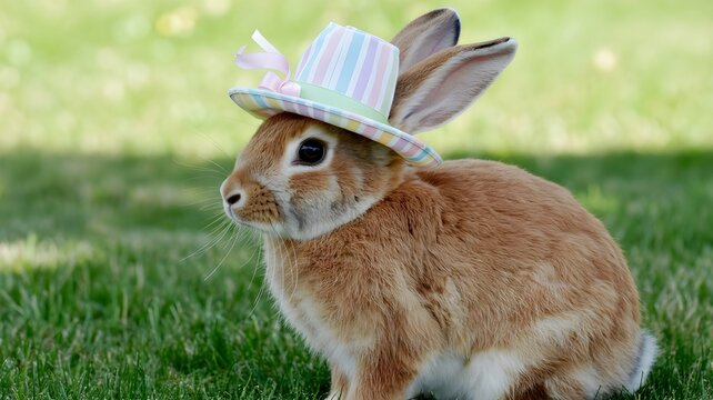 Cute brown rabbit wearing a pastel striped easter bonnet hat sitting on a lush green lawn during a sunny spring day outdoors in a playful and whimsical garden setting for seasonal holiday decorations