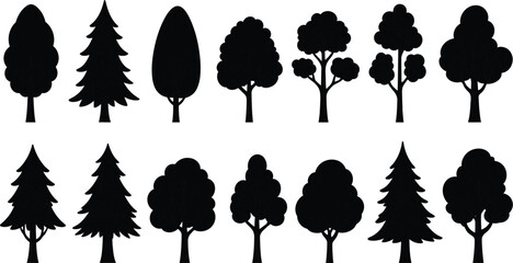 Collection of various tree silhouettes on white background