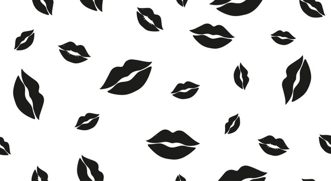 Seamless pattern of black lipstick kiss marks and lip silhouettes scattered on a white background for a bold and romantic design theme.