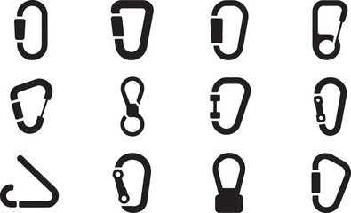 Assortment of climbing carabiners and safety clips vector icons