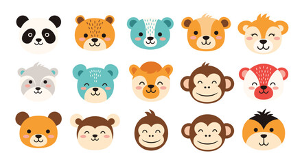 Fototapeta premium Collection of fifteen cute and colorful animal face icons including panda bear monkey tiger and raccoon on a white background for children.