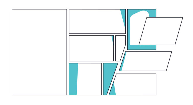 Minimalist abstract layout design featuring various white and light blue rectangular and parallelogram shapes for modern presentation themes.