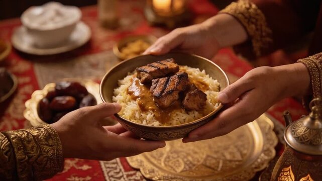 Hands sharing a traditional meal during Ramadan iftar, symbolizing generosity, charity, hospitality, and togetherness in a warm festive setting.