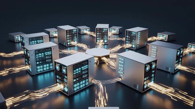 Video of decentralized server network visualization showing edge data centers linked by radiant connections, modern computing architecture visual for telecom, AI and smart city marketing media.