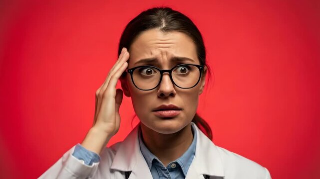 Emotional progression: scientist's shock, concern, and tears against red backdrop