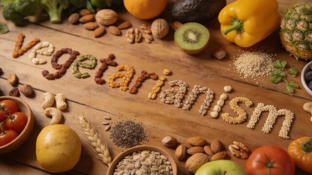 Top view of vegetarianism concept spelled on rustic wooden table surrounded by fresh fruits, vegetables, nuts, and grains.