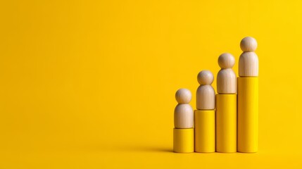economic crisis visual metaphor. Wooden Mannequins Building Rice Candlestick Graph - Commodity Economy Metaphor on Bright Yellow Background with Copy Space