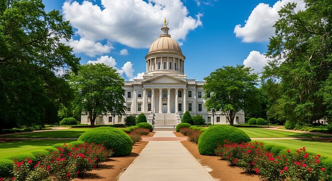 Imposing neoclassical building, lush green grounds, clear blue sky, brick pathway