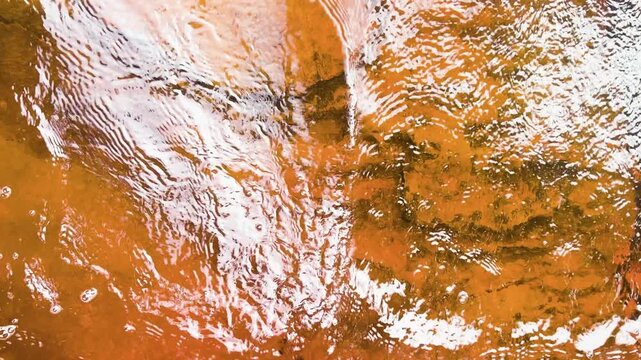 Water flows along a red river, naturally dyed by the alkali in nearby trees, deep in the Amazon Rainforest.