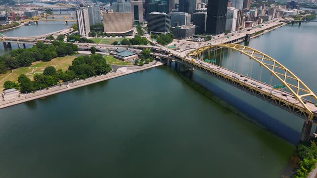 Bird&rsquo;s eye drone shot of Pittsburgh skyline and North Shore. Perfect for background, travel, or cinematic use.