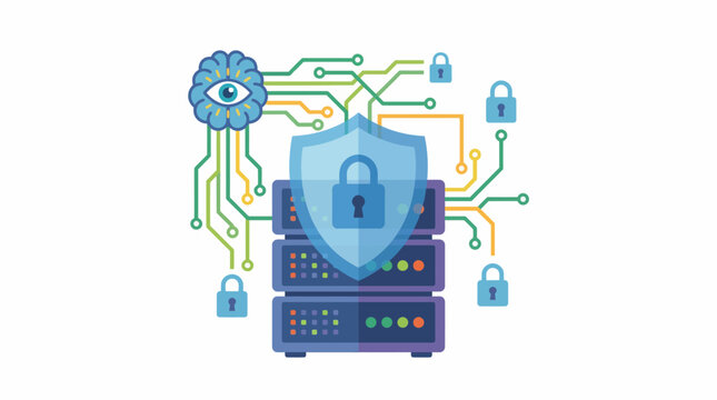 Vector illustration of a secure server room with shield and lock protection